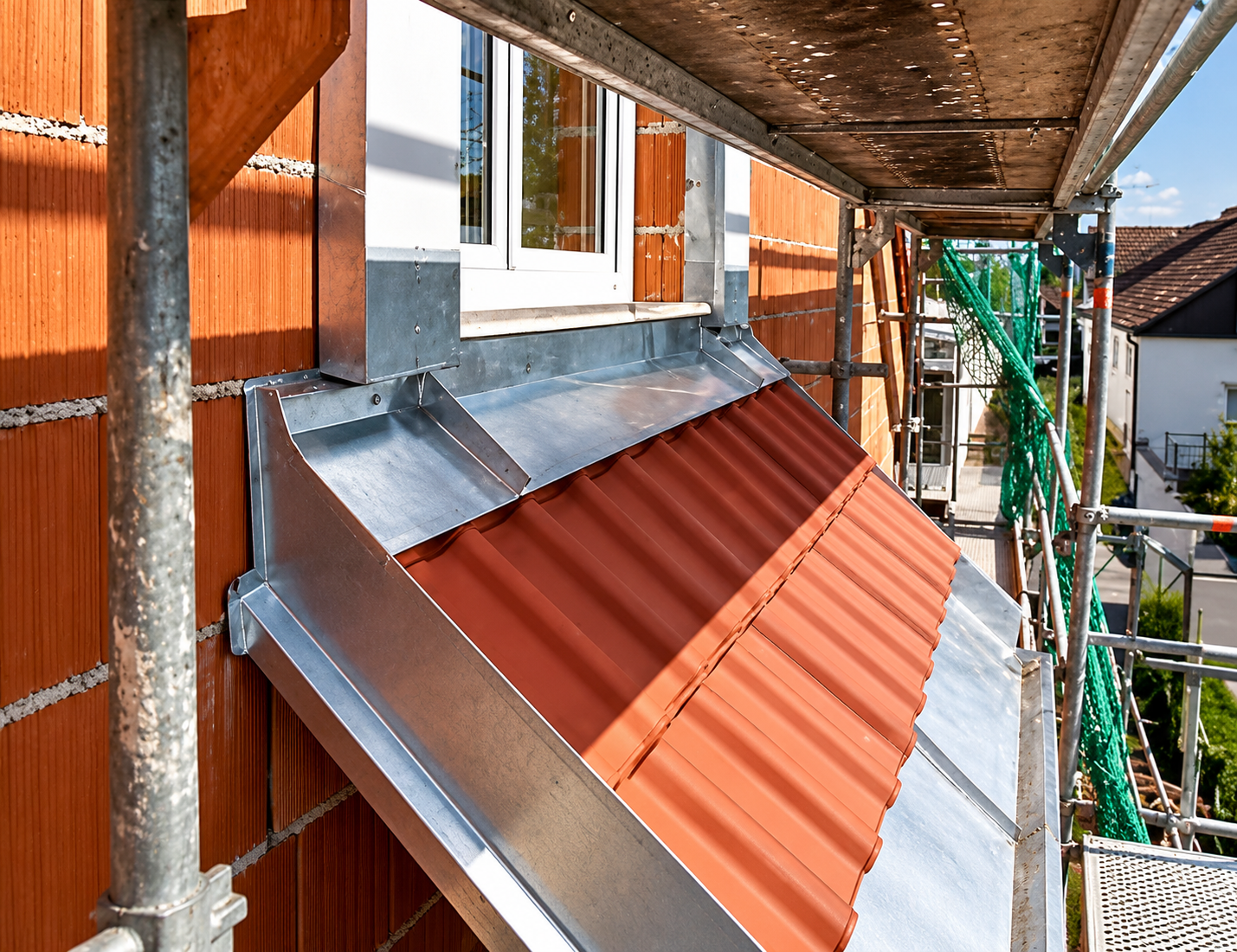 Dachgaube mit Gerüst und Metallverkleidung